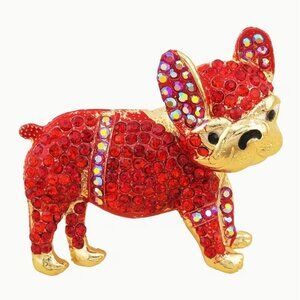Betsey Johnson French Bulldog Brooch Red Iridescent Crystals Gold Tone